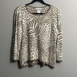 Alfred Dunner Petite L Animal Print Sweater Brown Cream Knit Warm Pullover